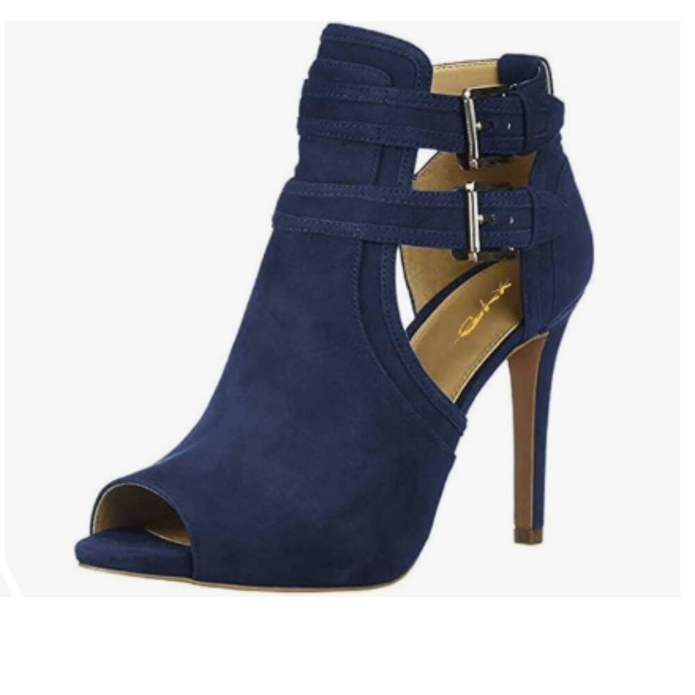 XYD Navy Peep Toe Sandal Ankle Booties Dual Buckled Straps Stiletto Heels Pumps